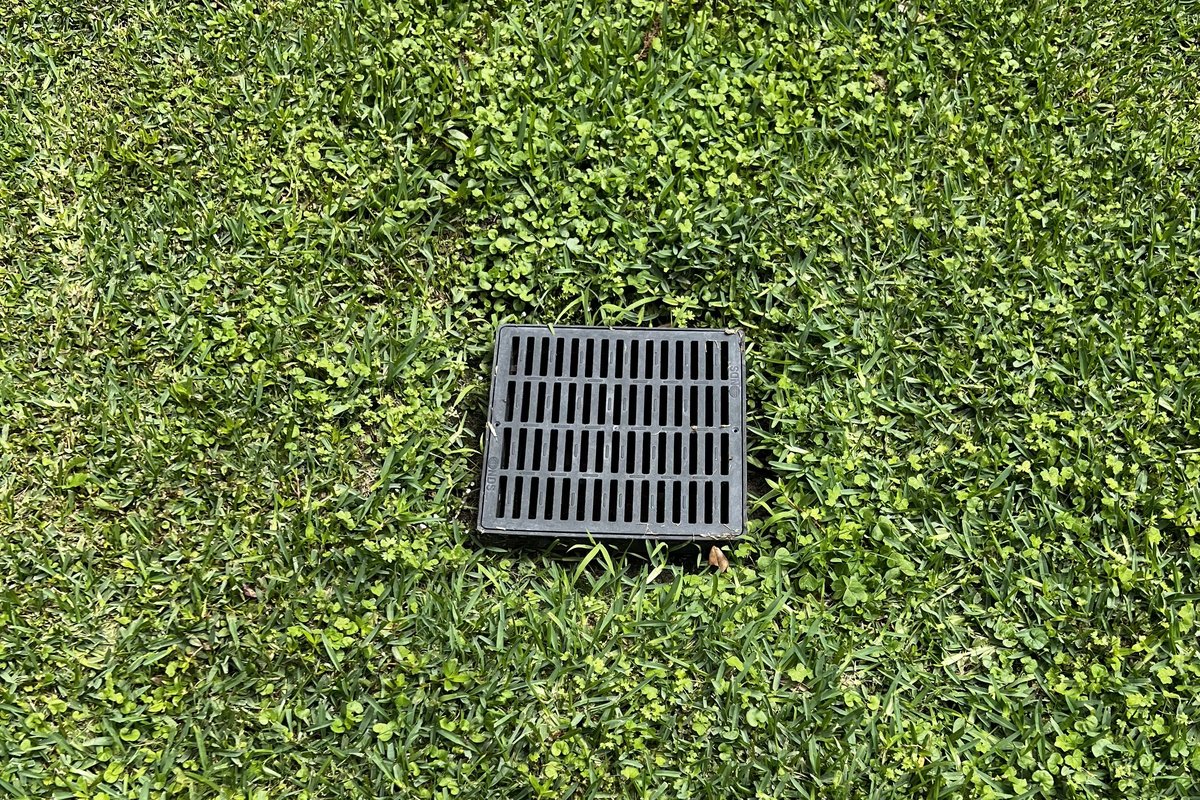 Catch basin installed in Houston yard with flush grate surrounded by healthy green grass